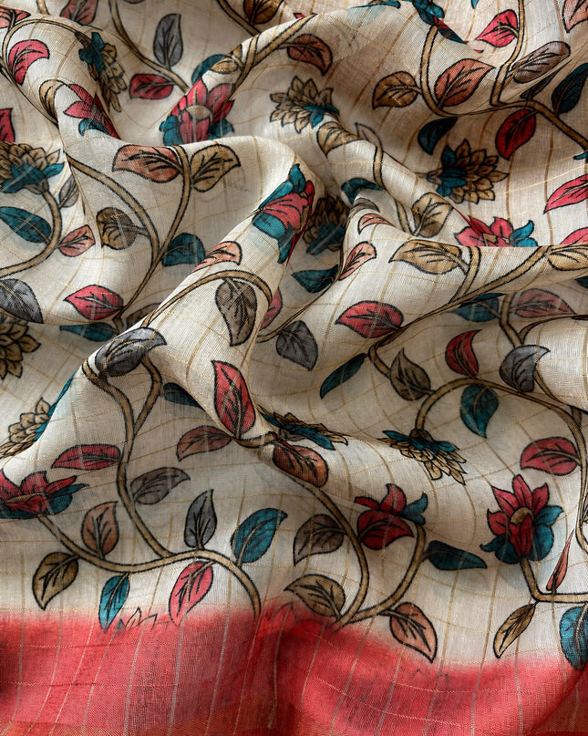 Tusser Silk Saree With All over Golden Checks Design and Kalamkari Pallu -Red
