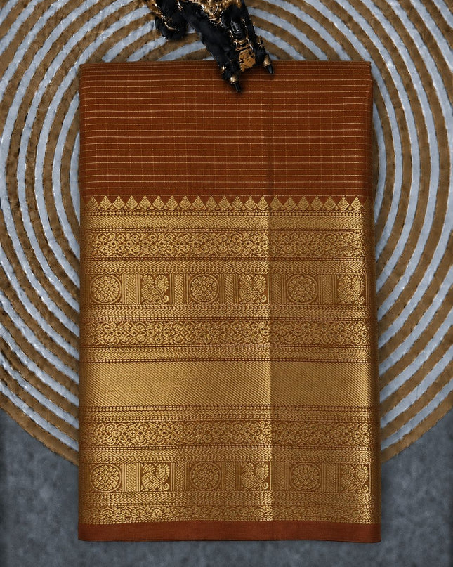 Pure Pattu Saree With Golden Check Weaving and Flower Buttes and Kaddi Border -  Light Orange