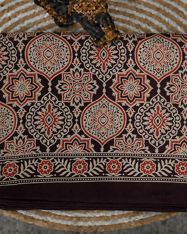 Modal silk saree with ajrakh Design and  Contrast Border - Maroon