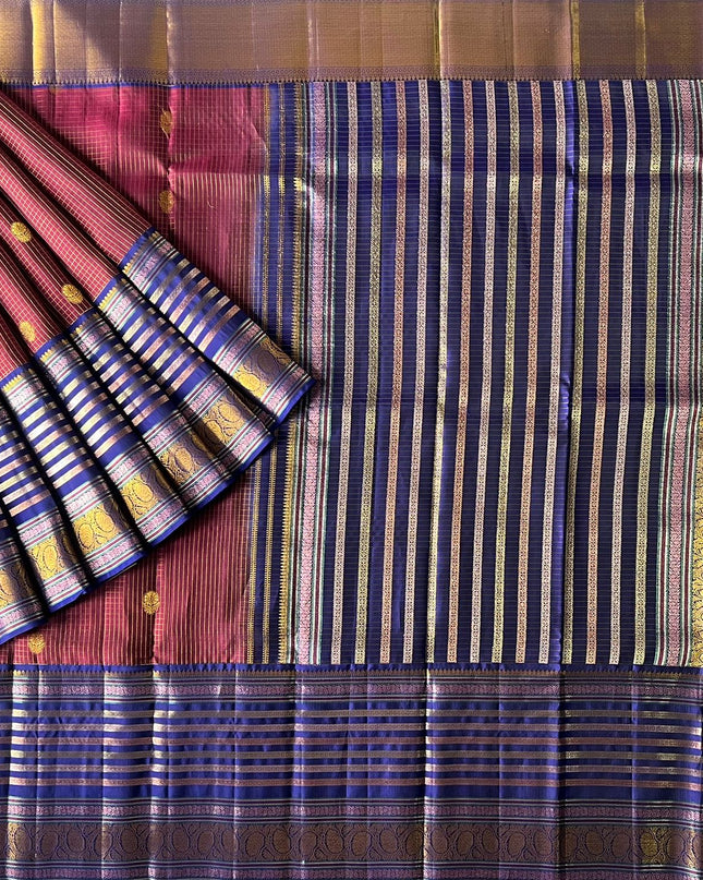 Pure Pattu Saree With Golden Check Weaving and Flower Buttes and Gap Border - Maroon