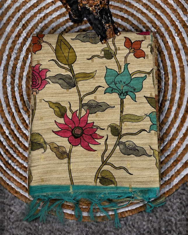 Tusser Saree With Floral Print  and small gold Buttes with and Golden Border  - Sea Green
