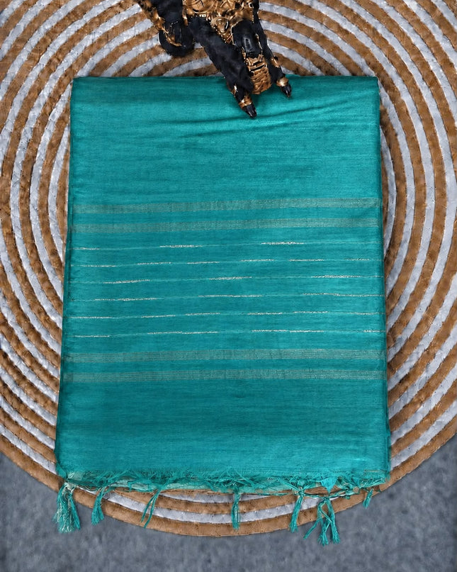 Chanderi Saree with Self Weaving  Lines contrast Border -  Mehandi Green & Sky Blue
