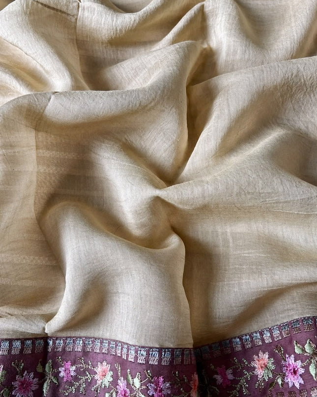 Mul Chanderi saree with Weaving Stripes and lace Border -Beige