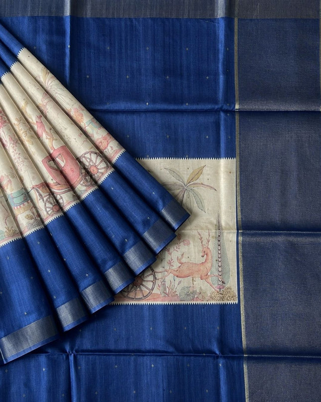 Tussar silk saree with digital print zari border - Blue