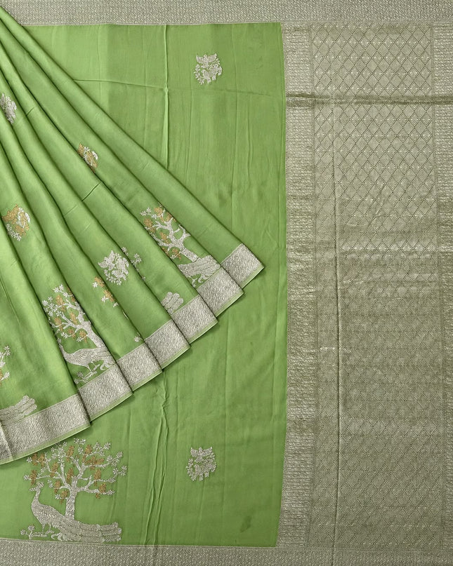 Mashru Banaras Saree with Gold & Silver Buttes and Silver Zari Border  - Green