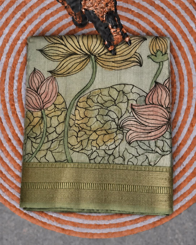 Jute Tissue Silk Saree With Floral Print and Contrast Border-  Pista Green