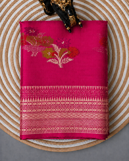 Kota Silk Saree with All over Thread Weaving Flower Butties and Golden Border - Rani Pink