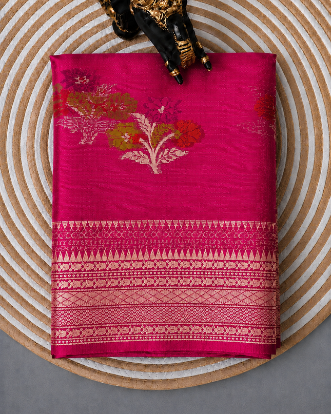 Kota Silk Saree with All over Thread Weaving Flower Butties and Golden Border - Rani Pink