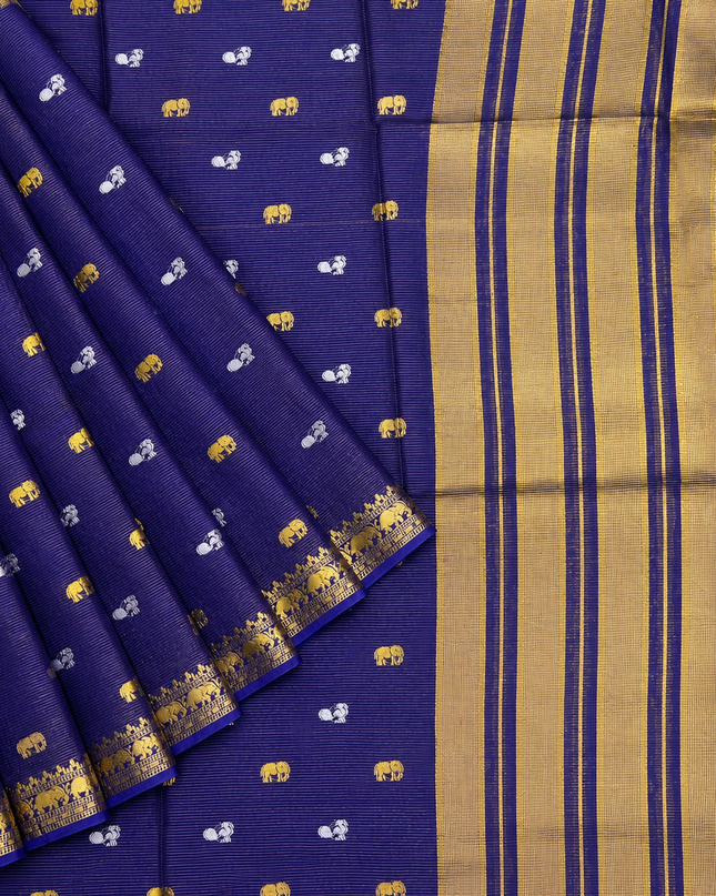 Munga Silk Saree With Gold and Silver Peacock and Elephant Butties Golden  Zari Elephant Design  Border - Violet