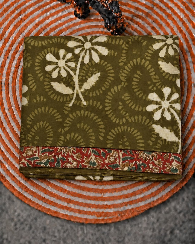 Mul Cotton Saree with Hand Floral Print Border- Mehandi Green