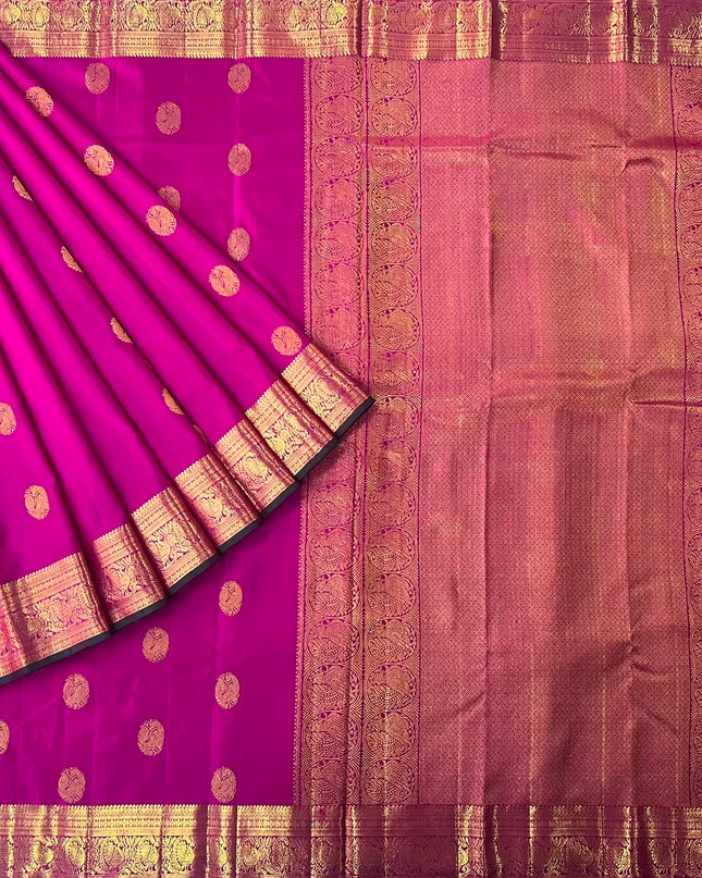Pure Kanchi Pattu Saree With Allover Peacock Motifs and Golden Border - Rani Pink