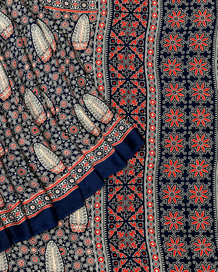 Modal silk saree with ajrakh Design and Small Border  - Navy