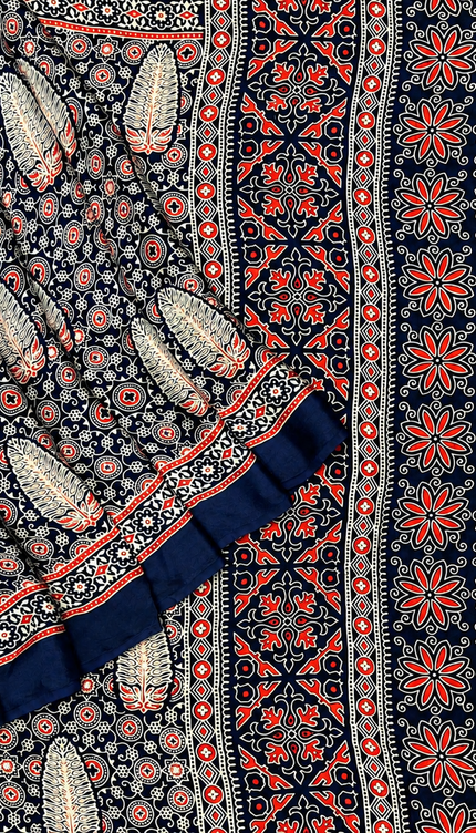 Modal silk saree with ajrakh Design and Small Border  - Navy