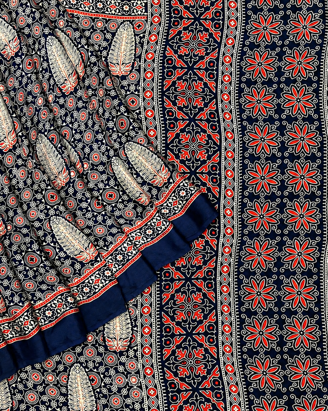 Modal silk saree with ajrakh Design and Small Border  - Navy
