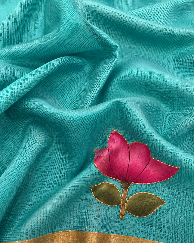 Kota Silk Saree with All over Thread Weaving Flower Butties and Golden Border - Rama Green