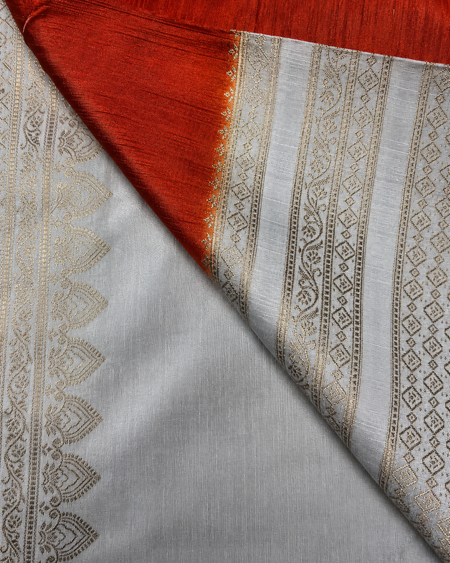 Raw silk sarees with Gold and Silver Zari Peacock design and Contrast border -Red