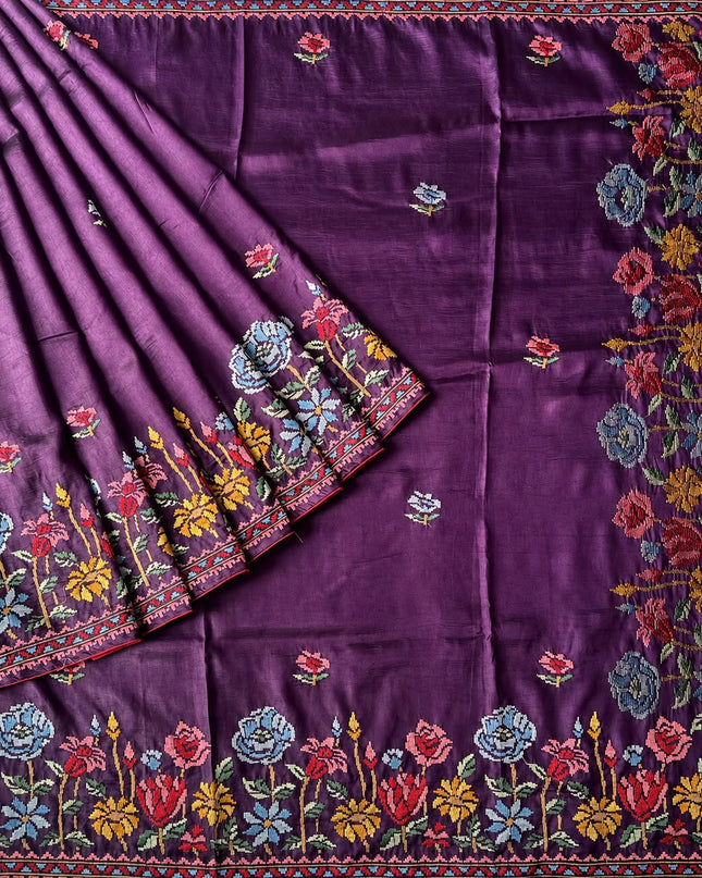 Dupion Saree with Thread Work Piping Border- Violet