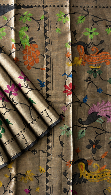 Chanderi  Silk Saree with All over Jamdani weaving style and Muniya border - Black