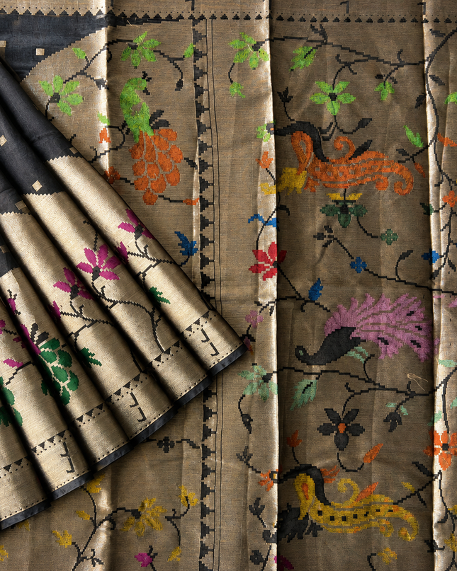 Chanderi  Silk Saree with All over Jamdani weaving style and Muniya border - Black
