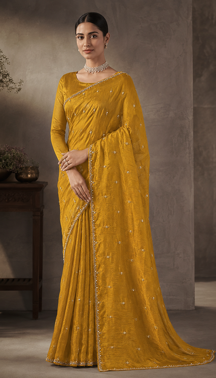 Soft Velvet Saree With Kardhana Work and Scallop Border- Mustard