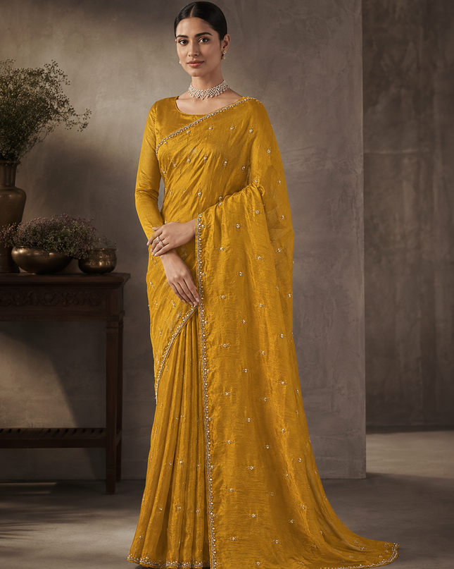 Soft Velvet Saree With Kardhana Work and Scallop Border- Mustard