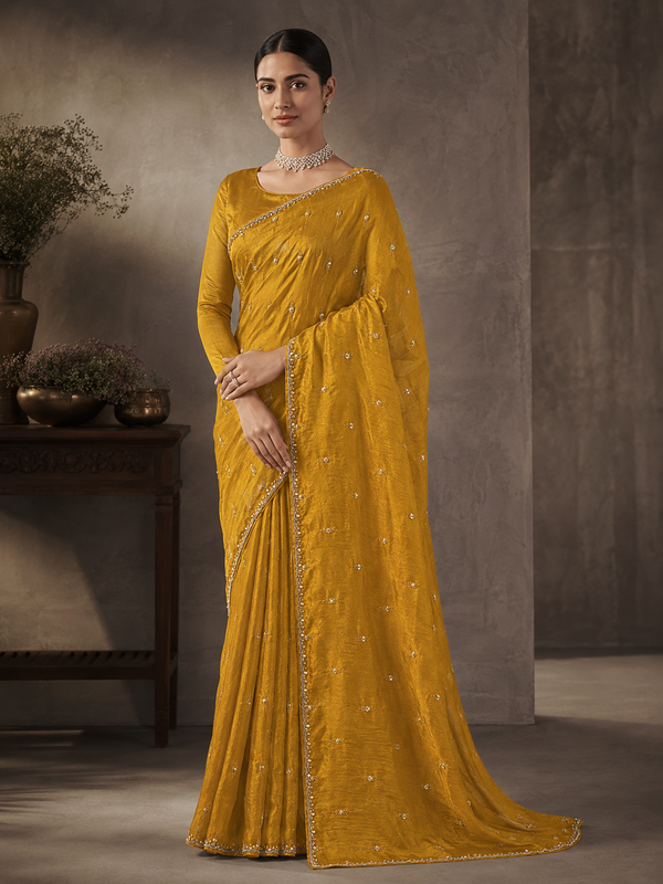 Soft Velvet Saree With Kardhana Work and Scallop Border- Mustard