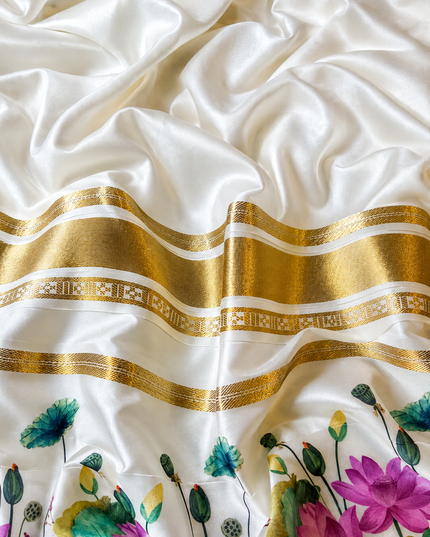 Crepe Saree With Gap Border and  Floral Print - Bottle Green