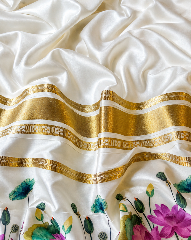 Crepe Saree With Gap Border and  Floral Print - Bottle Green
