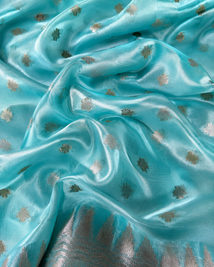 Chanderi  Silk Saree with All over Jamdani weaving style and golden Zari border - Light Green