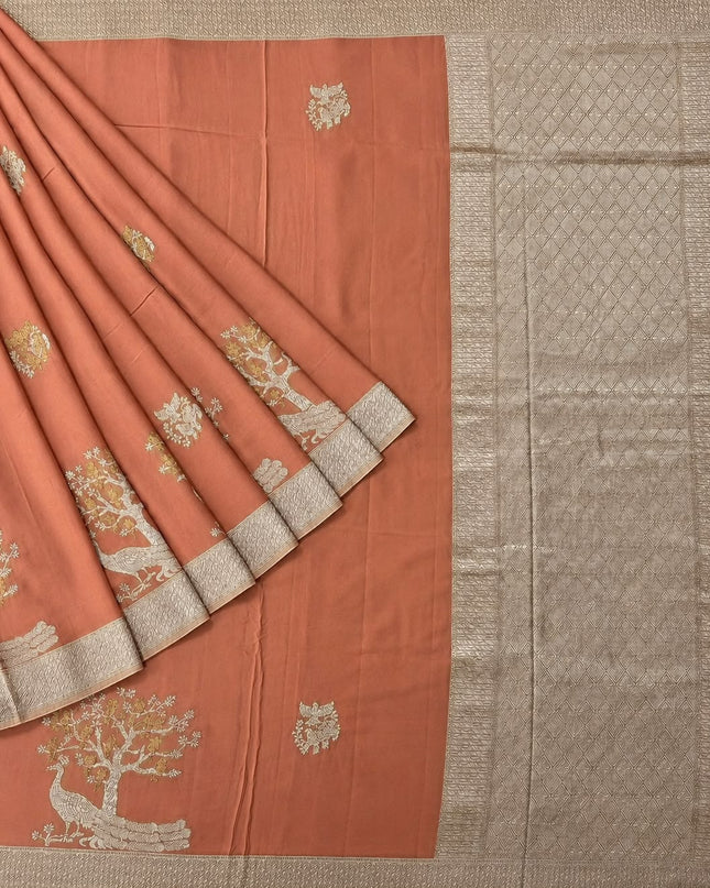 Mashru Banaras Saree with Gold & Silver Buttes and Silver Zari Border  - Coral
