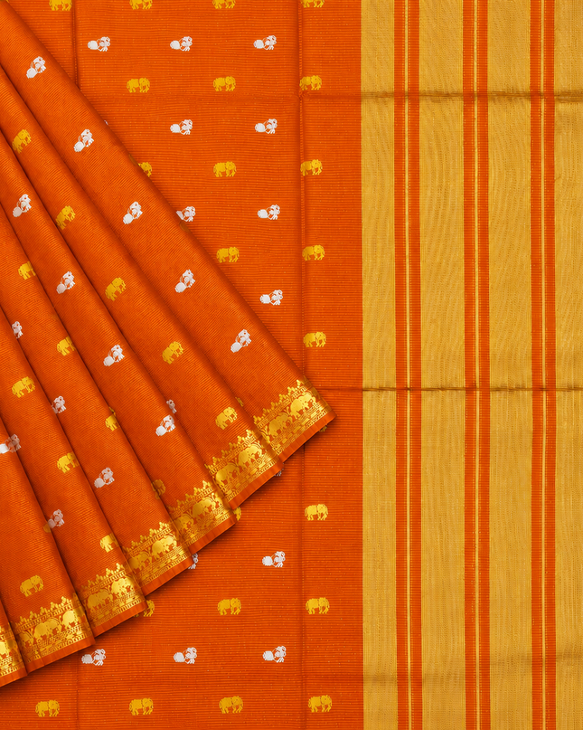 Munga Silk Saree With Gold and Silver Peacock and Elephant Butties Golden  Zari Elephant Design  Border - Orange
