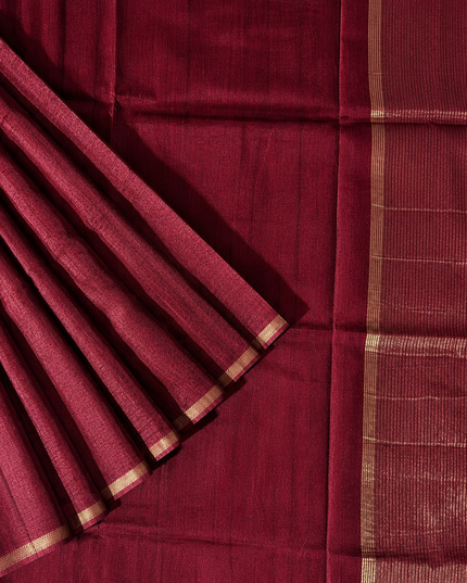 Tusser Silk Saree with Weaving Thread Stripes and  Small Golden Zari Border  -  Maroon