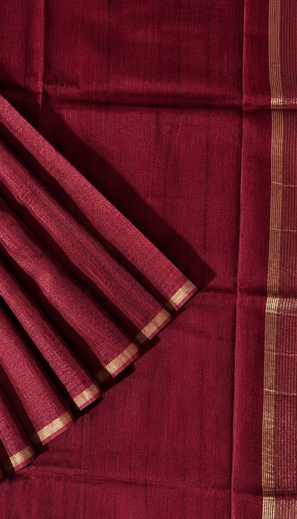Tusser Silk Saree with Weaving Thread Stripes and  Small Golden Zari Border  -  Maroon