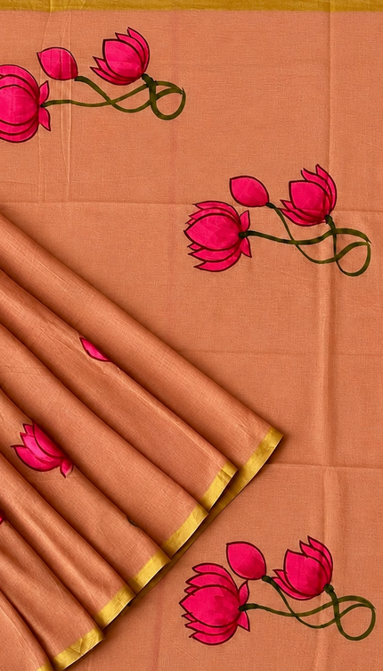 Mul cotton saree with Hand Painting  - Rust