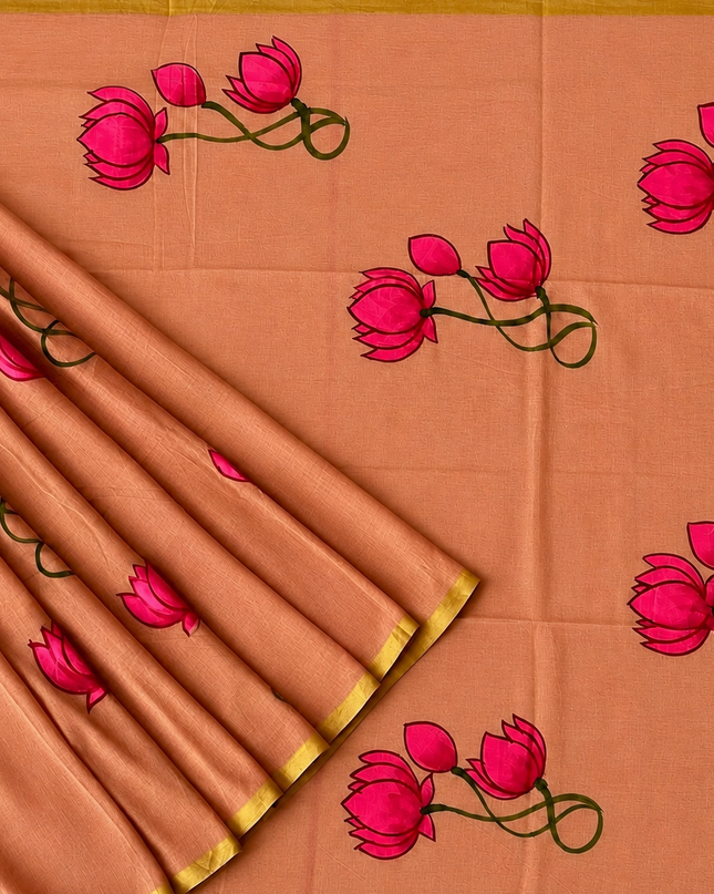 Mul cotton saree with Hand Painting  - Rust