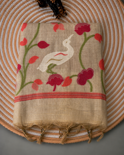 Cotton Chanderi Jamdani Saree with Checks Design and floral Print  Border - Cream
