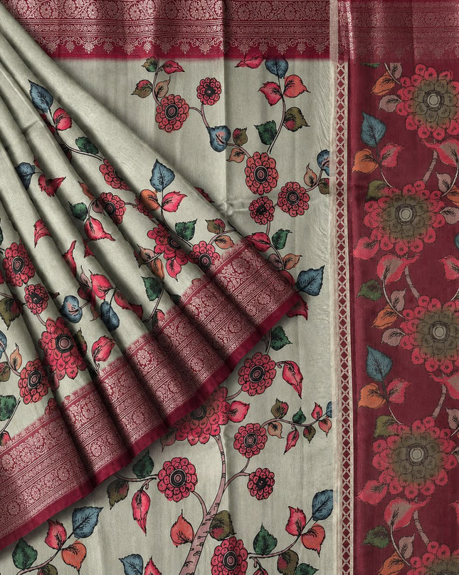 Chanderi Saree with  Floral Print Contrast Border - Green & Maroon