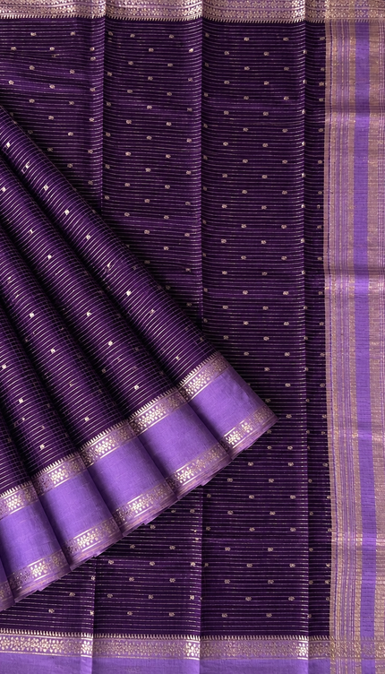 Munga Silk Saree With All over Oosi Design and Small Gold Butties  Contrast Border- Violet & Lavender