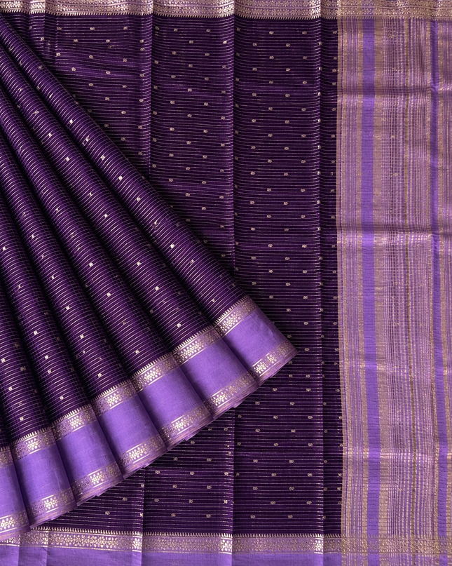 Munga Silk Saree With All over Oosi Design and Small Gold Butties  Contrast Border- Violet & Lavender