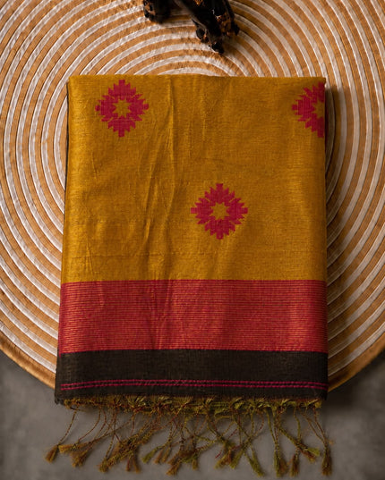 Tusser Silk Saree  With Thread Weaving Butties  With Golden Border- Brown
