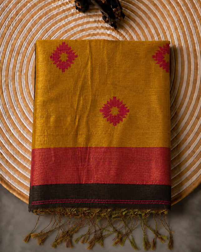 Tusser Silk Saree  With Thread Weaving Butties  With Golden Border- Brown