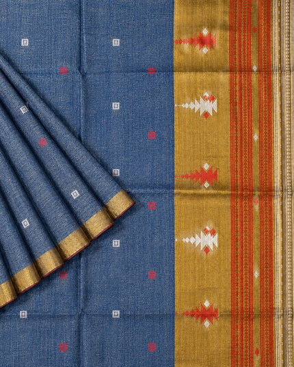Tusser Silk Saree  With Thread Weaving Butties  With Golden Border- Light Blue