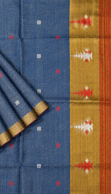 Tusser Silk Saree  With Thread Weaving Butties  With Golden Border- Light Blue