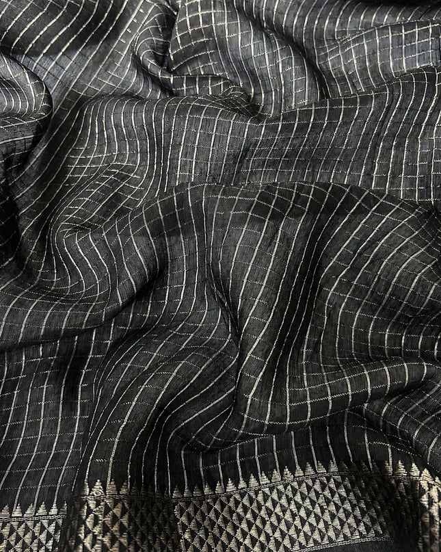 Munga Silk Saree With All over Checks Design and Contrast Border-  Brown