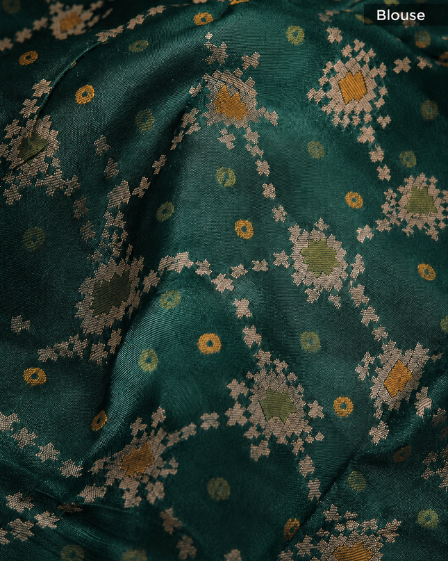 Crepe Saree with Golden Zari contrast Border - Bottle Green