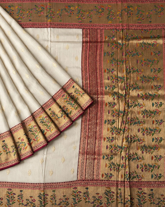Munga Banaras Saree with Golden Buttes and Meena Kari Border - Cream & Magenta