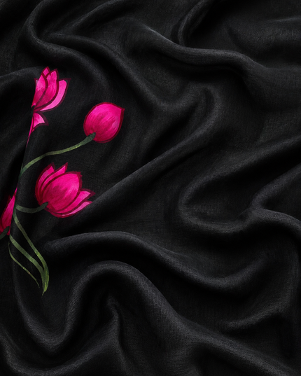 Mul cotton saree and Hand Painting with Tassels-  Black