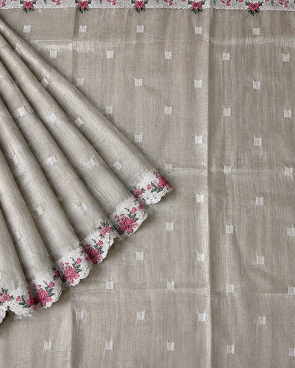 Linen Tissue Saree with square boxes Butties and Cross stich Scallop Border - Gold