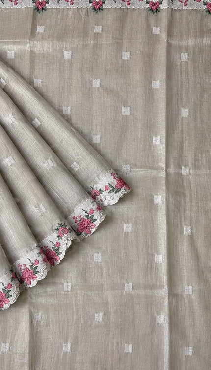 Linen Tissue Saree with square boxes Butties and Cross stich Scallop Border - Gold