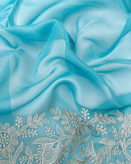 Soft Organza  Saree with Thread Work  and Scallop Border - Light Green